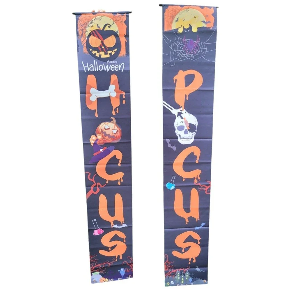 2 Pair Halloween Hanging Banners Waterproof Material Hocus Pocus Black NEW